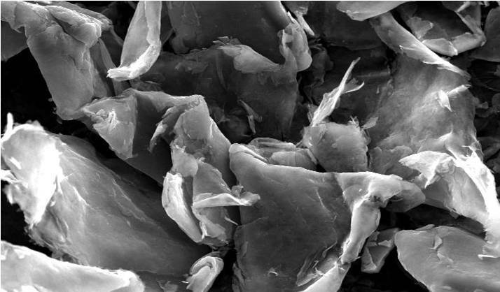 Microscopic view of layered, irregularly shaped flakes, showcasing the intricate textures and structures of a material, highlighting its potential applications in scientific research.