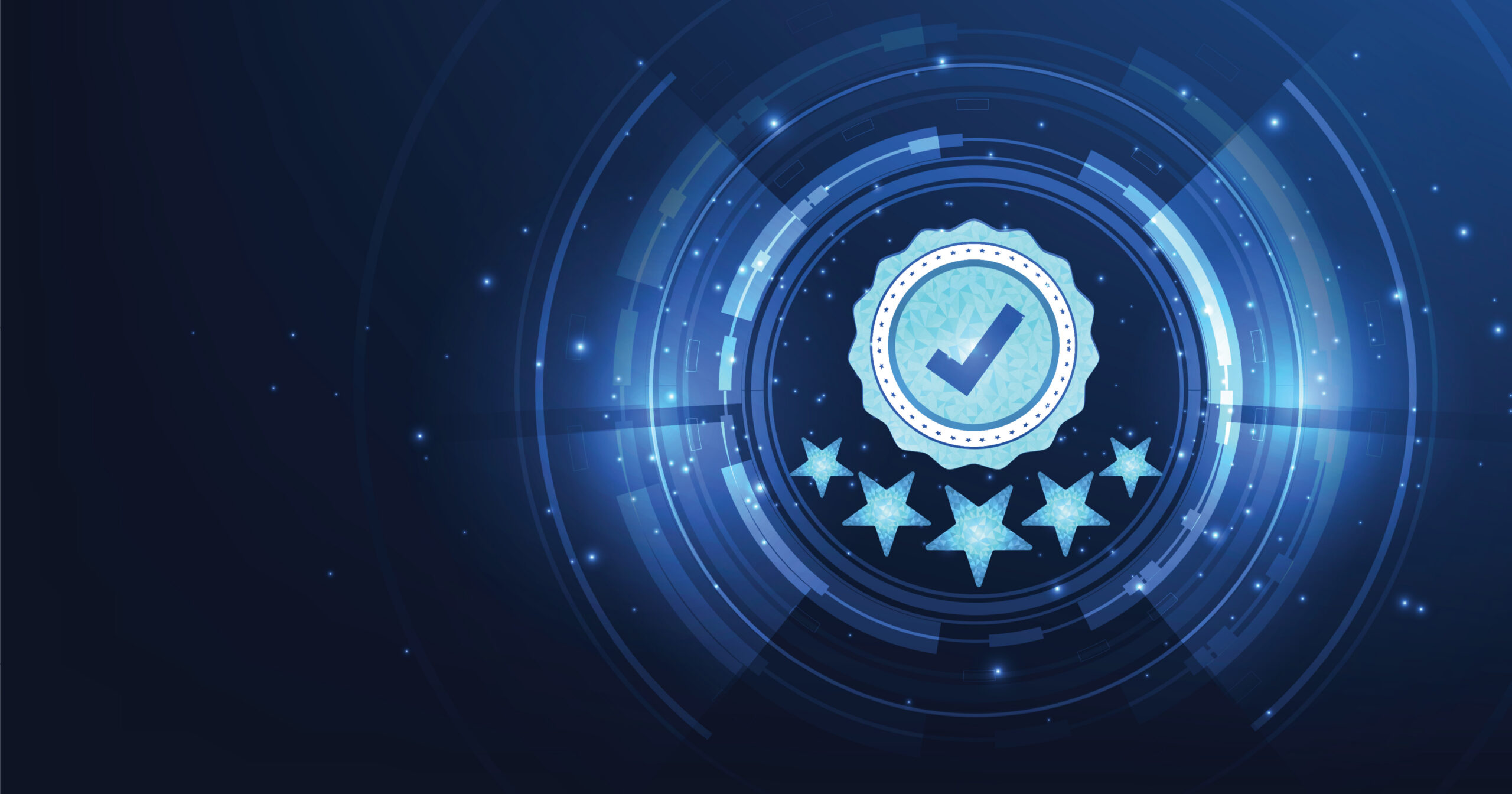 Abstract digital badge featuring a checkmark and five stars, set against a blue background with circular patterns and glowing elements, symbolizing quality assurance and customer satisfaction.