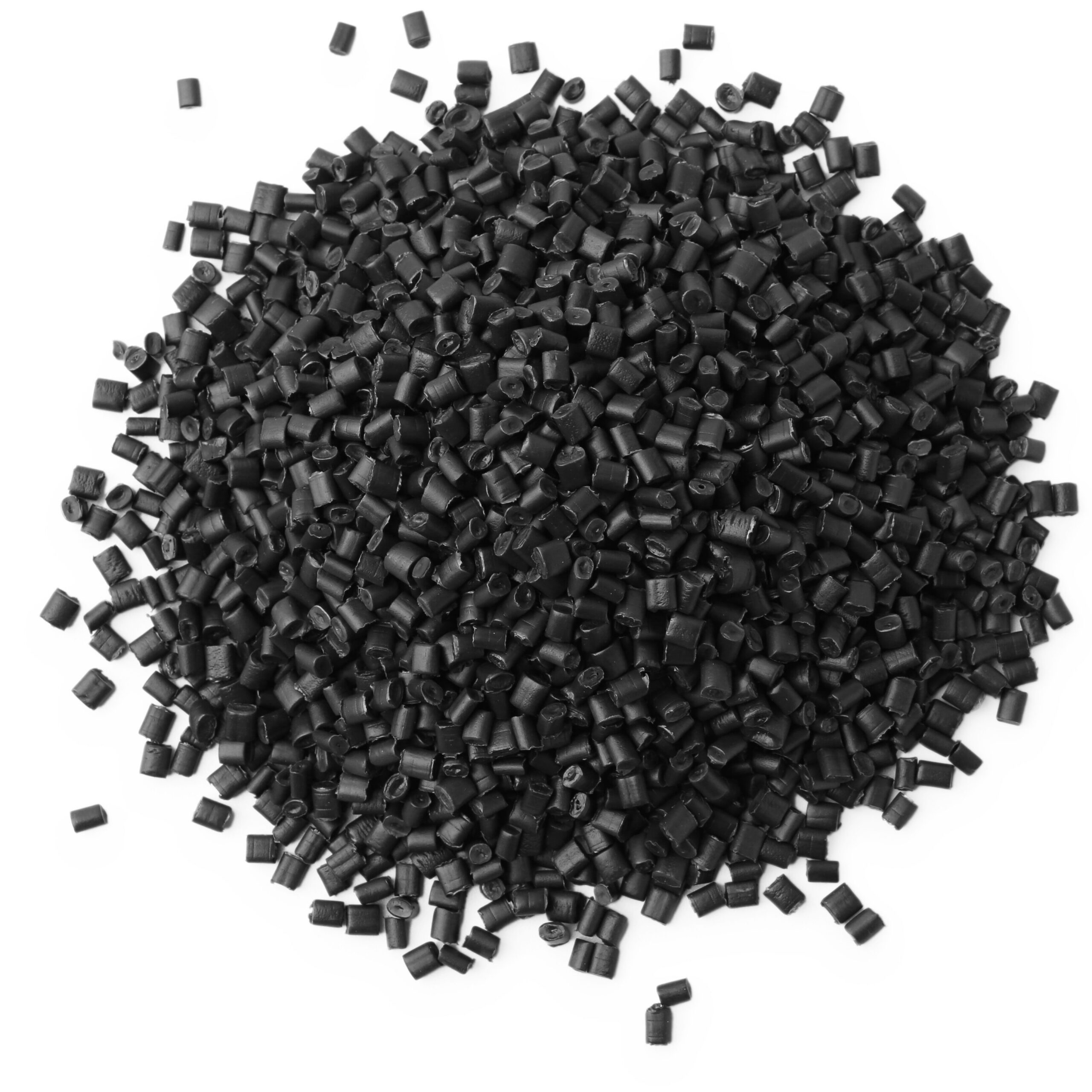 Black plastic pellets arranged in a scattered pile, used for manufacturing and production processes in various industries.