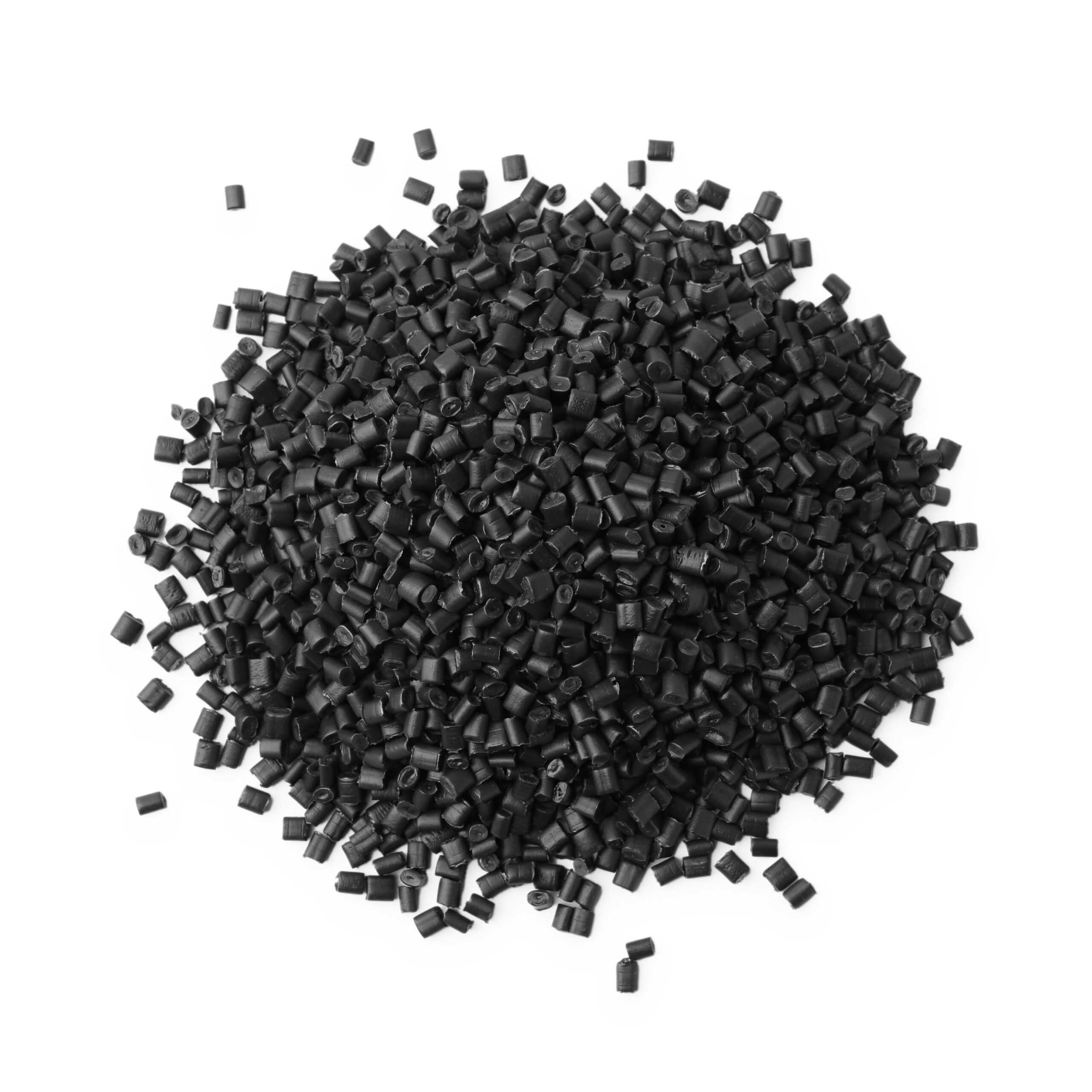 Black plastic pellets arranged in a scattered pile, used for manufacturing and production processes in various industries.