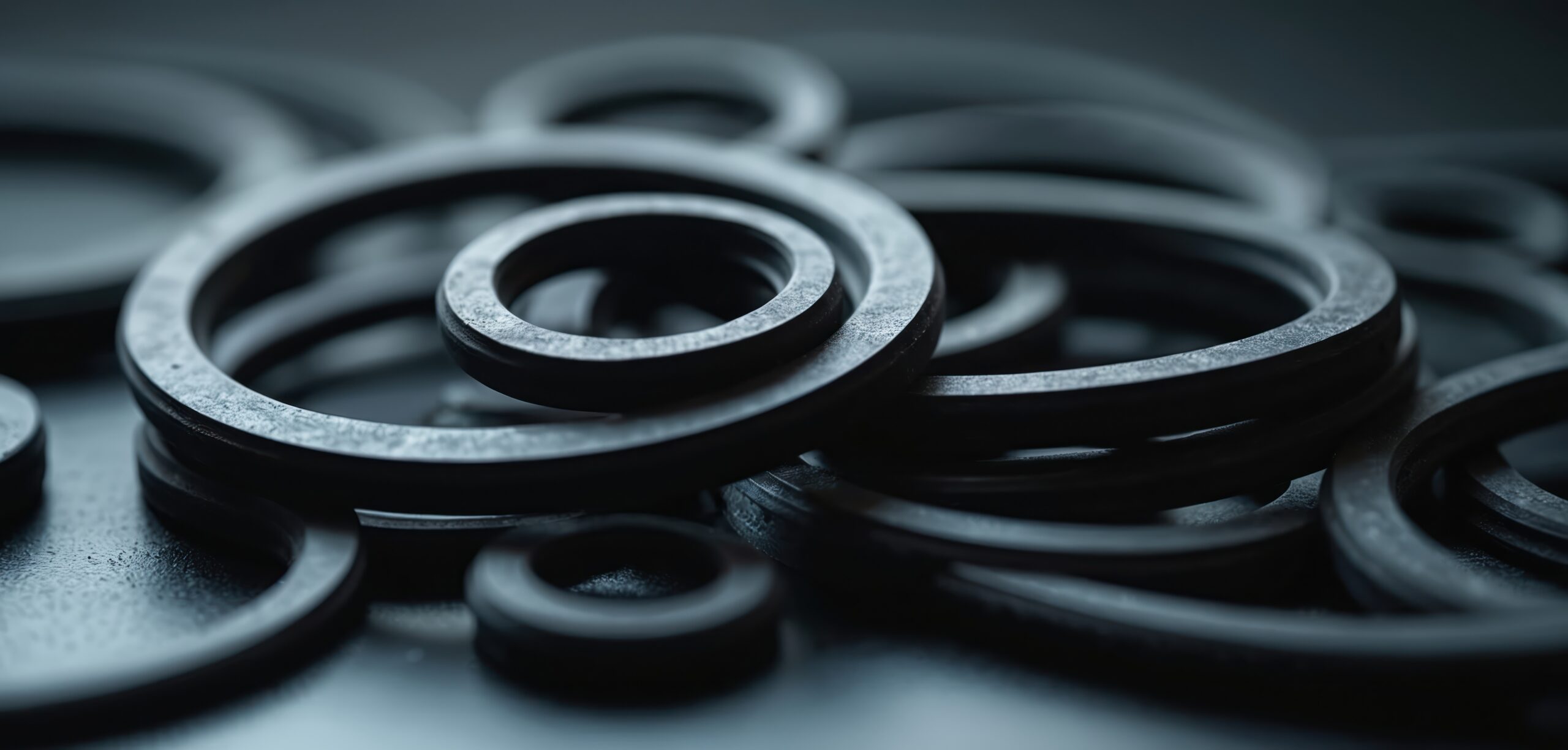 Close-up of black rubber O-rings stacked on a dark surface, showcasing their circular shapes and textures. Ideal for industrial or mechanical applications, these rings are commonly used for sealing and preventing leaks in various machinery and equipment.
