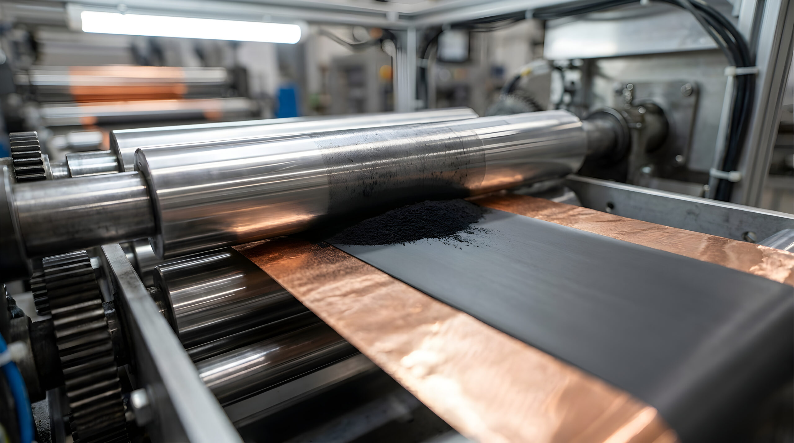 Industrial machinery in a manufacturing facility showcasing a metal rolling mill with copper and black powder being processed, highlighting production techniques for metal sheets.