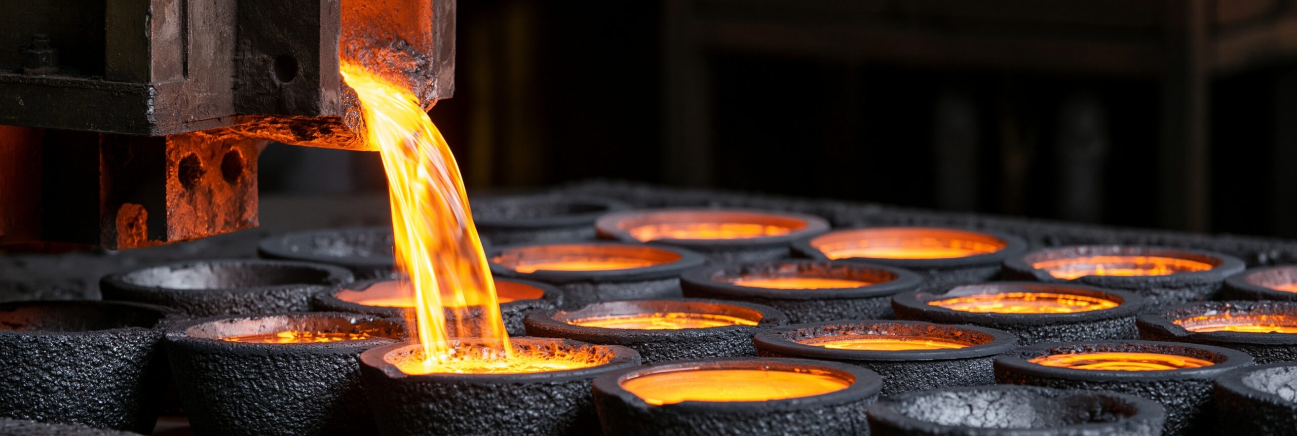 Molten metal being poured from a furnace into black casting molds, showcasing the metalworking process in a foundry setting. The bright orange liquid metal contrasts with the dark molds, highlighting the craftsmanship involved in metal casting.