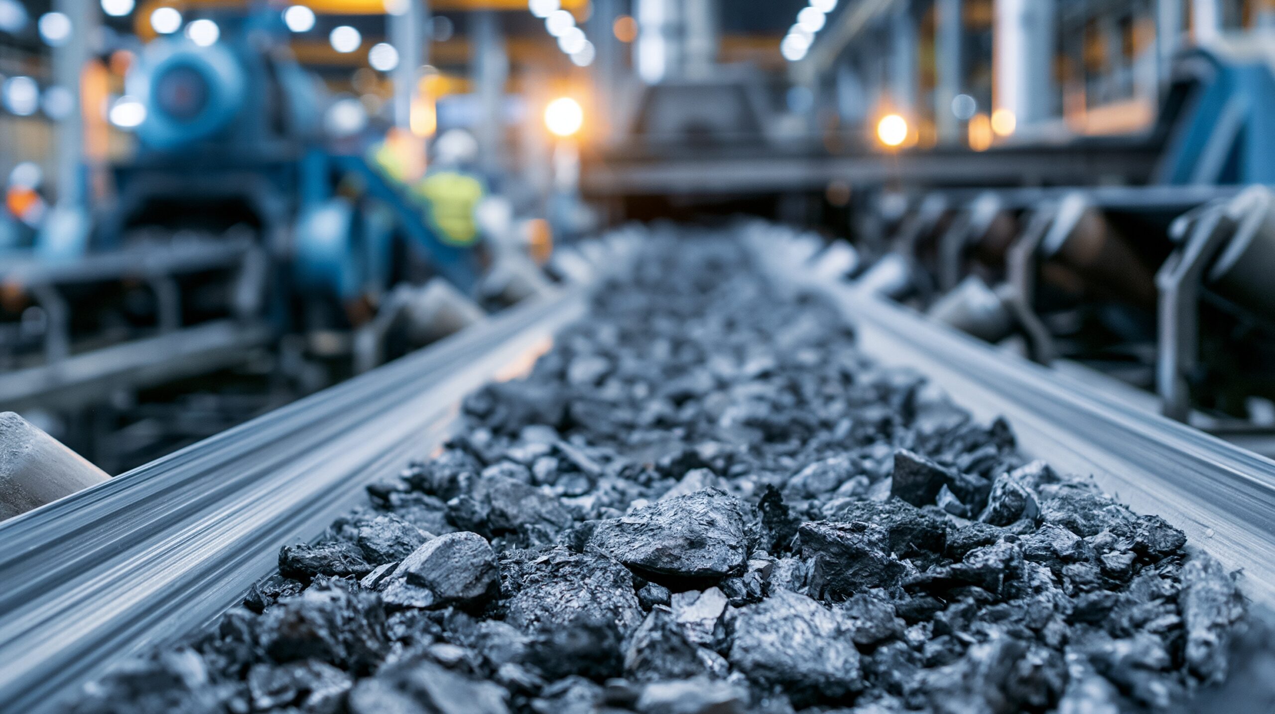 Conveyor belt transporting coal in an industrial facility, showcasing the mining process and machinery in the background.