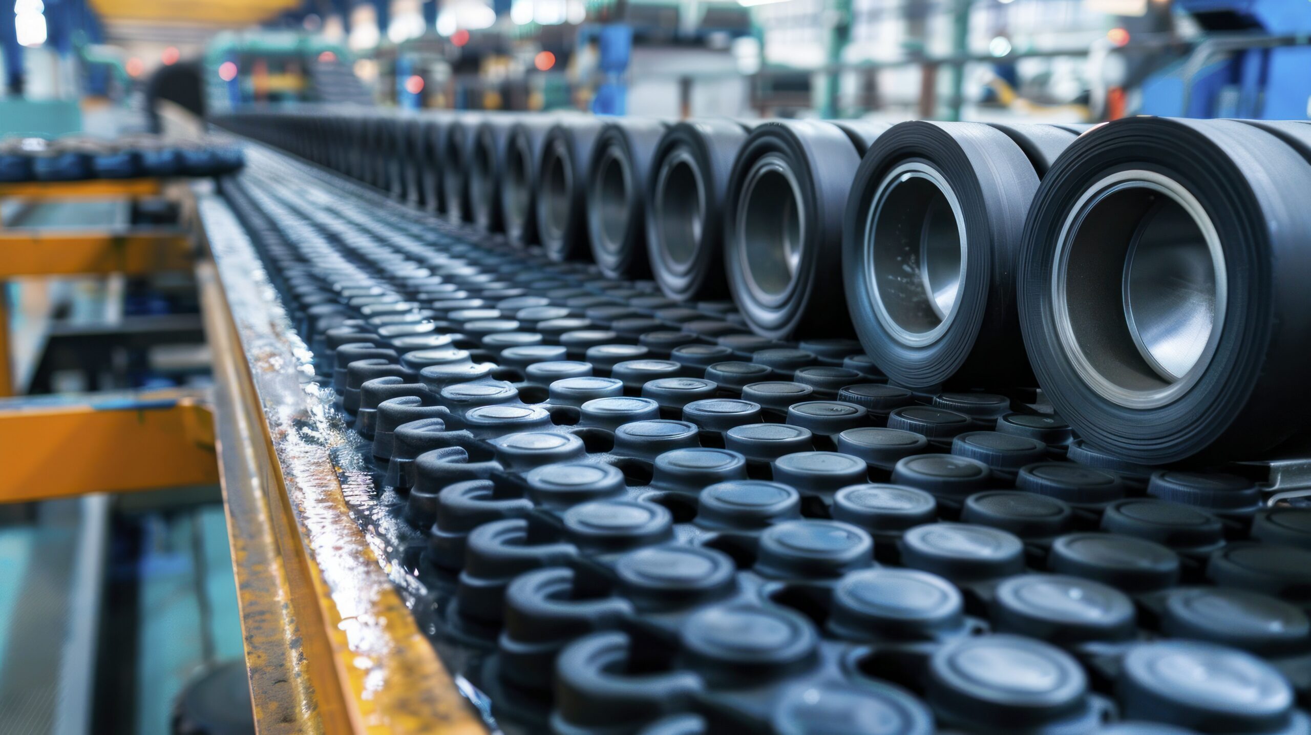 Close-up of a conveyor belt in a manufacturing facility, showcasing rows of black rubber components and metallic parts, highlighting industrial production and assembly processes.