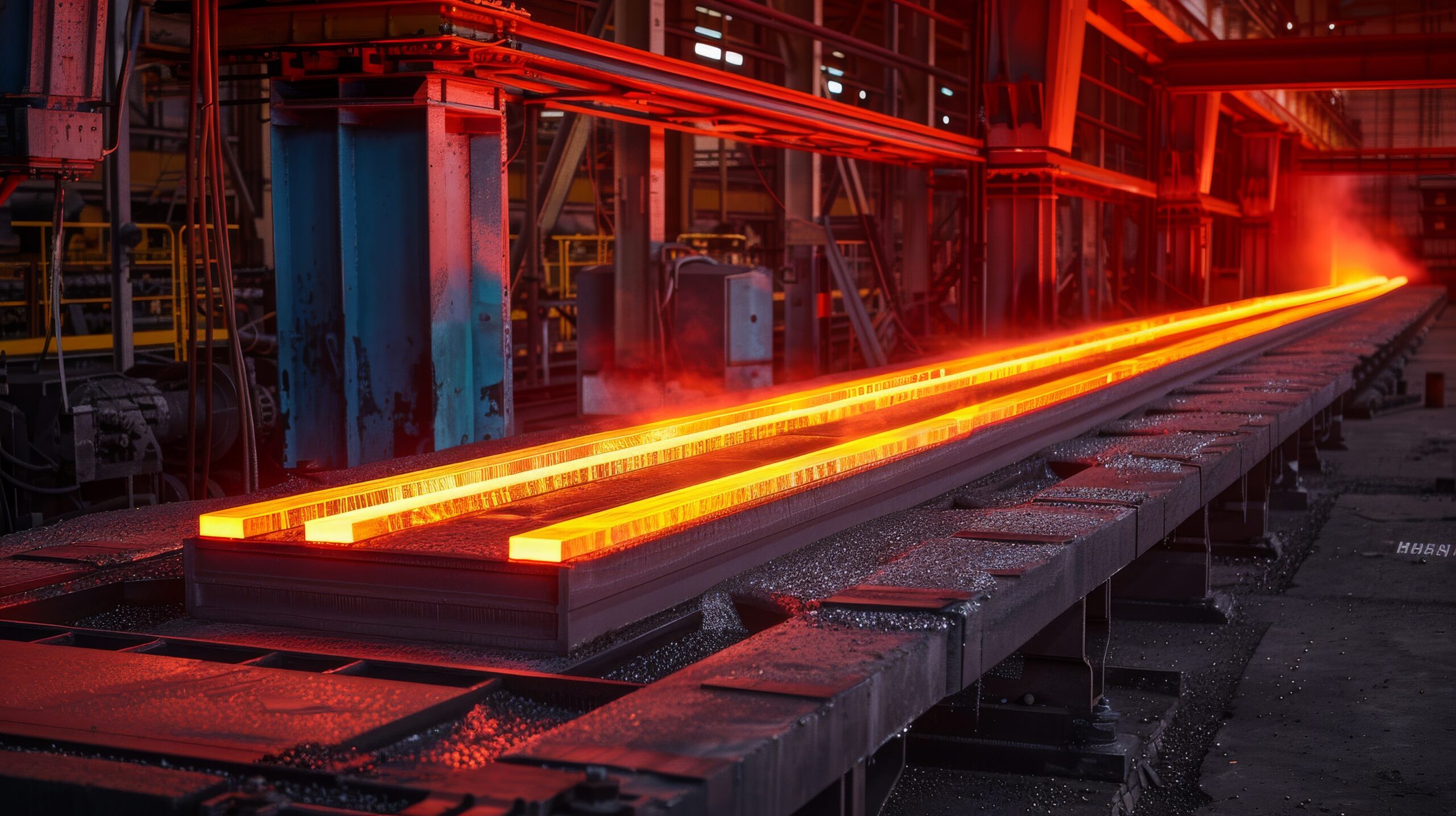 Hot metal bars glowing in an industrial steel mill, showcasing the manufacturing process with vibrant orange hues and steam rising in a factory setting.