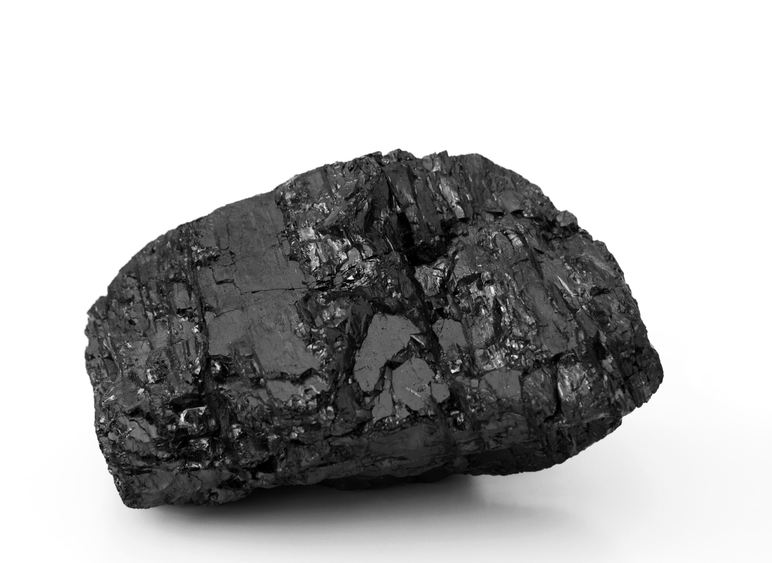 Close-up view of a piece of black coal, showcasing its shiny surface and textured layers, highlighting its natural mineral composition and potential uses in energy production and industry.