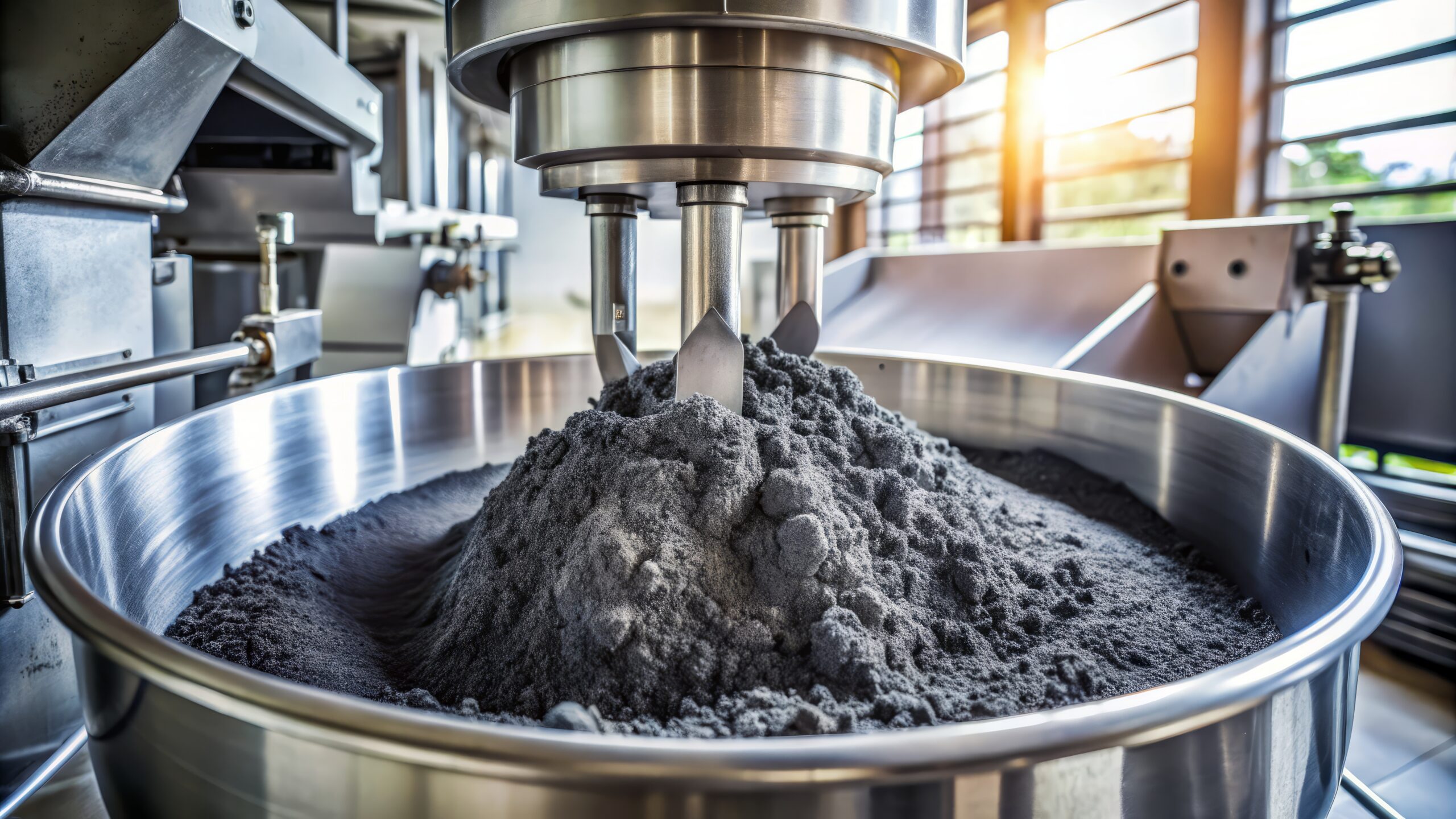 Industrial mixing equipment processing fine black powder in a stainless steel bowl, showcasing advanced machinery in a manufacturing facility.