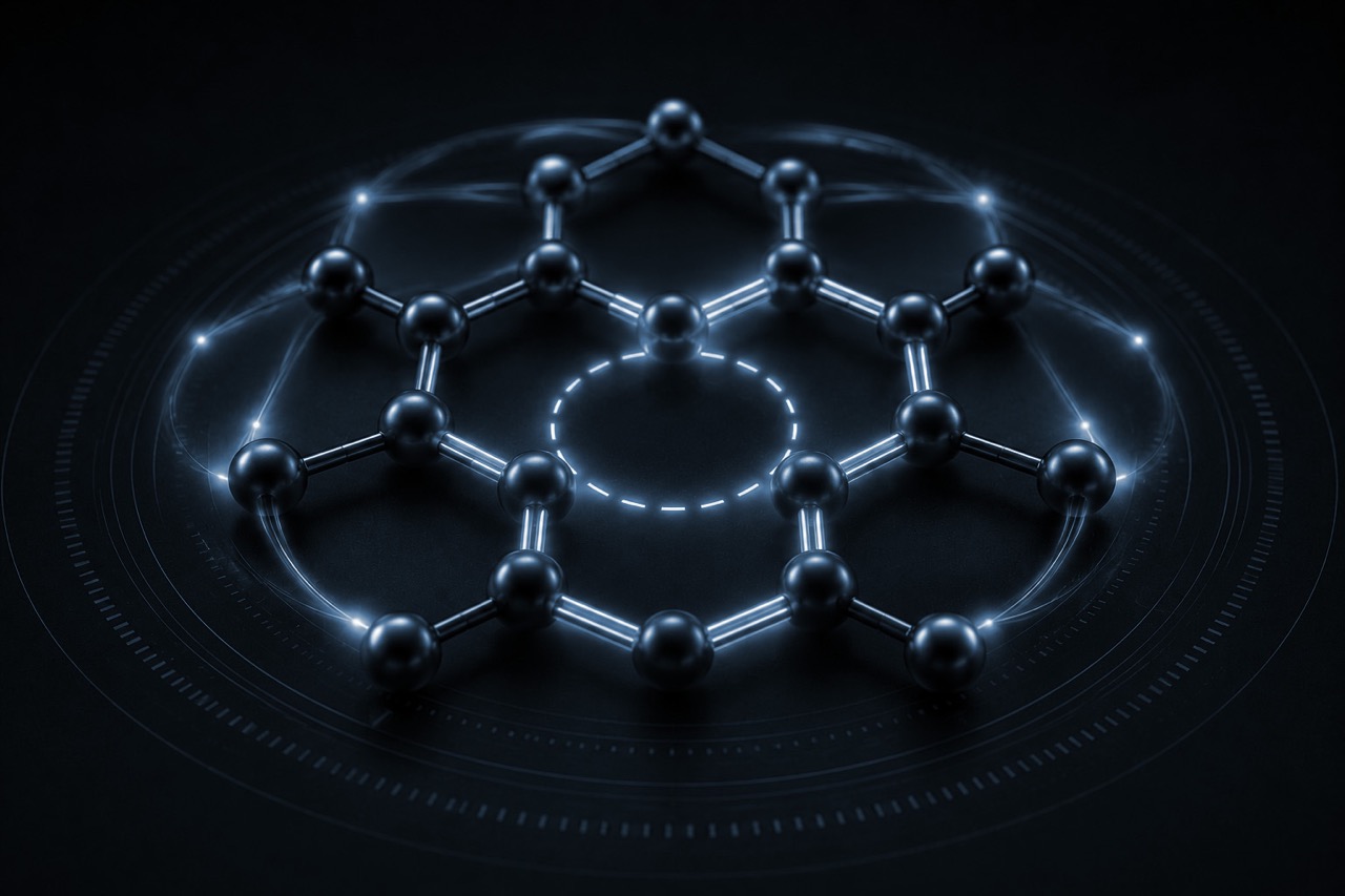 3D representation of a molecular structure featuring interconnected black spheres and glowing lines, illustrating atomic connectivity and chemical bonding in a dark background.