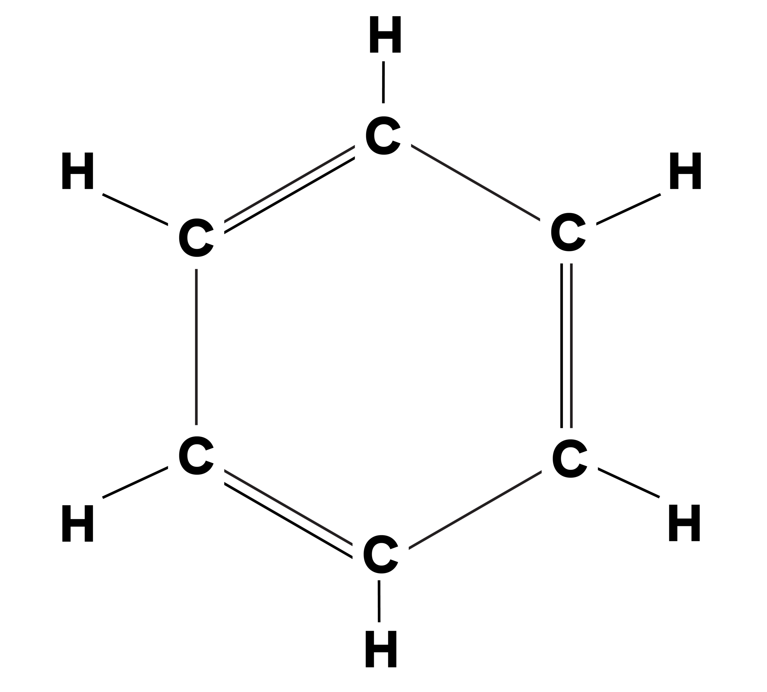 Chemical structure diagram of benzene, depicting a hexagonal ring with six carbon (C) atoms and alternating double bonds, commonly used in organic chemistry and aromatic compounds.