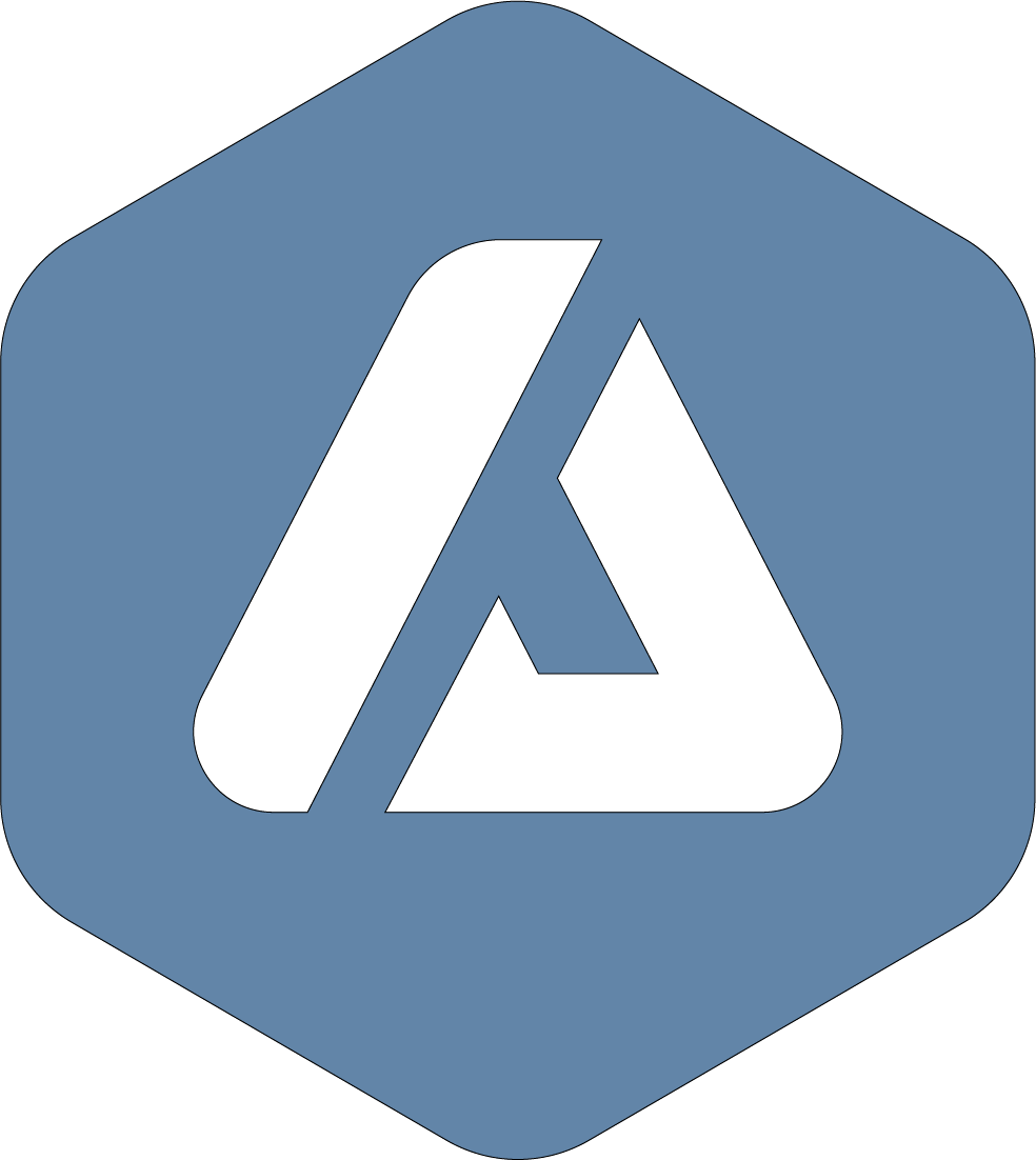 Logo of a technology company featuring a stylized triangular design in white against a blue hexagonal background, representing innovation and digital solutions.