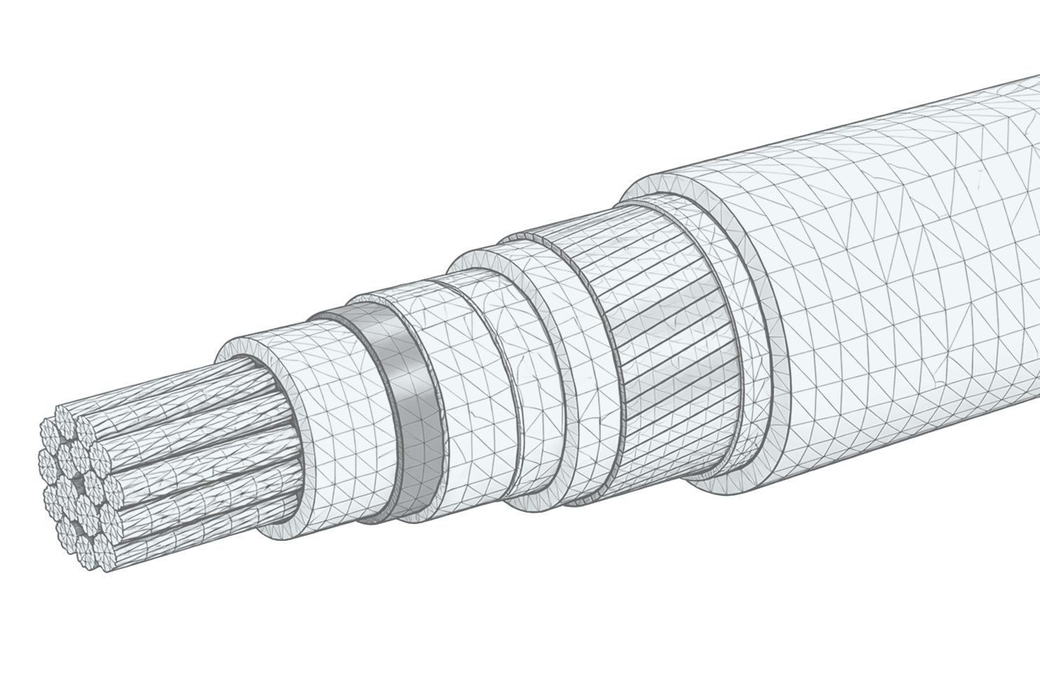 3D wireframe model of a multi-strand electrical cable, showcasing its layered structure and detailed components, ideal for illustrating electrical engineering concepts and design.