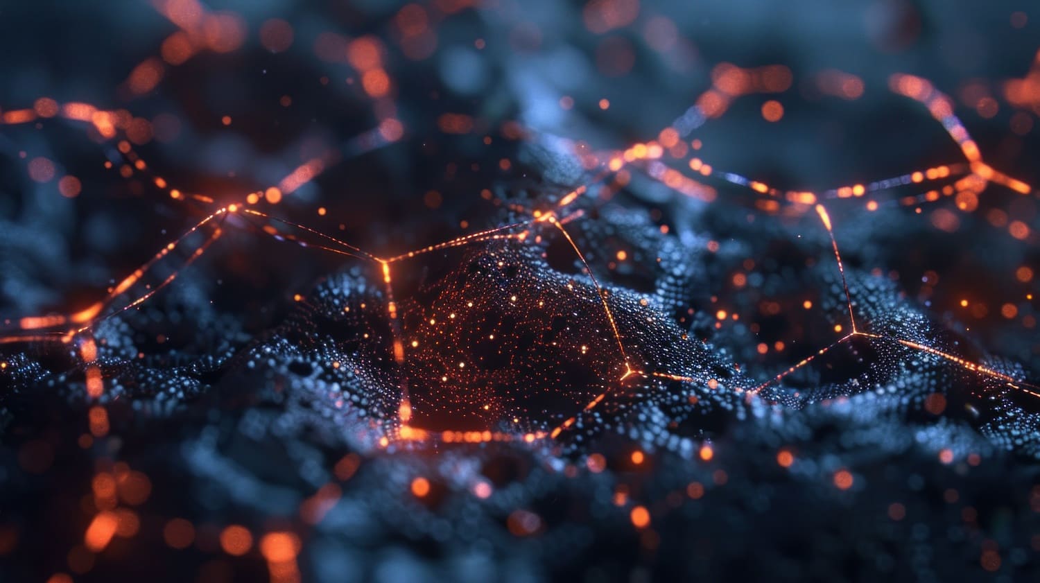 Abstract digital background featuring interconnected glowing nodes and a textured surface, showcasing a blend of blue and orange hues, ideal for technology and science themes.