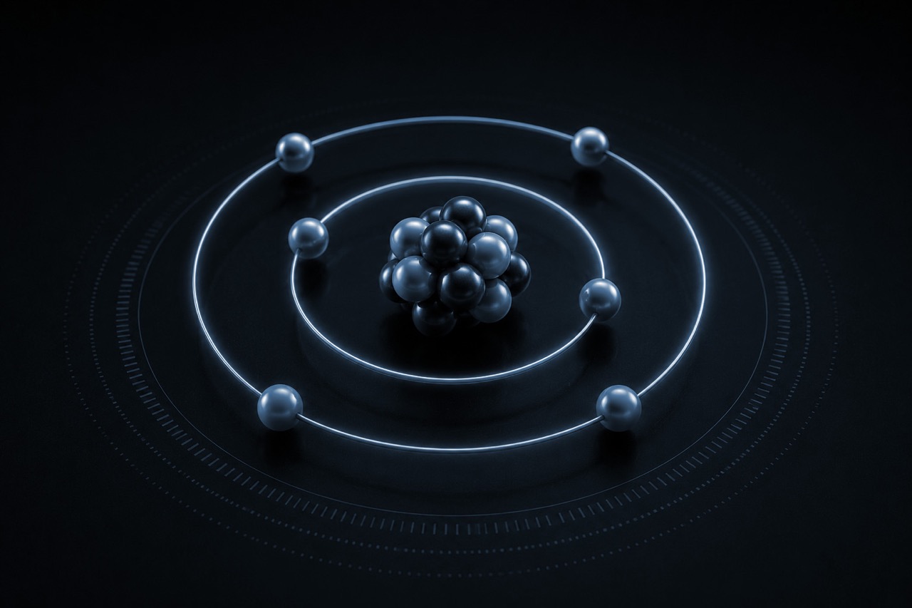 3D illustration of an atom model featuring a central nucleus composed of black spheres, surrounded by orbiting electrons represented by silver spheres, set against a dark background with illuminated circular paths.