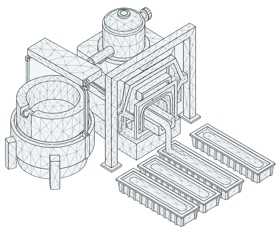 3D wireframe illustration of a machine designed for casting metal, featuring a furnace, pouring spout, and multiple molds.