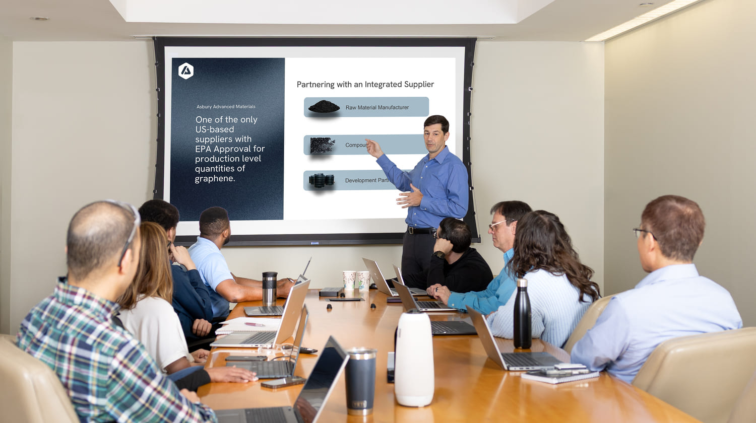 Business meeting in a conference room with a presenter discussing Asbury Advanced Materials and its EPA-approved graphene production. Attendees engage with laptops and materials on a large table, emphasizing collaboration and innovation in advanced materials.