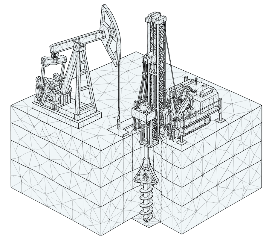 Illustration of an oil drilling rig with a pumpjack and rotary drill, showcasing the extraction process of oil from underground reservoirs, depicted in a geometric wireframe style.