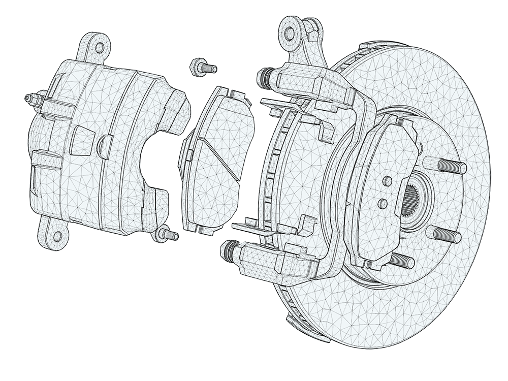Exploded view of a vehicle brake system, showcasing the brake caliper, brake pads, and rotor in a wireframe design, highlighting the components' structure and arrangement for educational and automotive repair purposes.