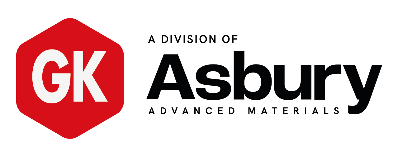 Logo of GK Asbury, a division of Asbury Advanced Materials, featuring a red hexagon with "GK" in white and "Asbury" in bold black text, representing advanced material solutions.