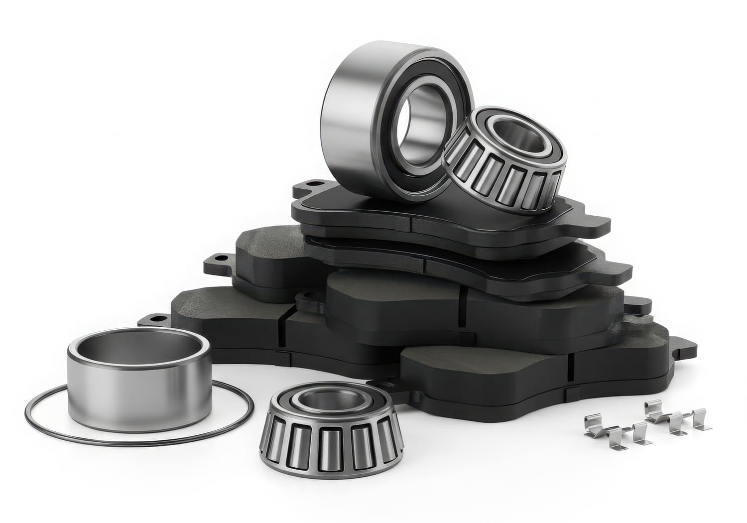 Stack of automotive parts including brake pads, bearings, and hardware components, designed for efficient vehicle performance and maintenance.