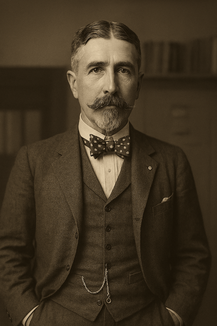 Black and white portrait of a distinguished man with a well-groomed mustache and bow tie, wearing a three-piece suit, standing confidently with hands in pockets, showcasing early 20th-century fashion and style.