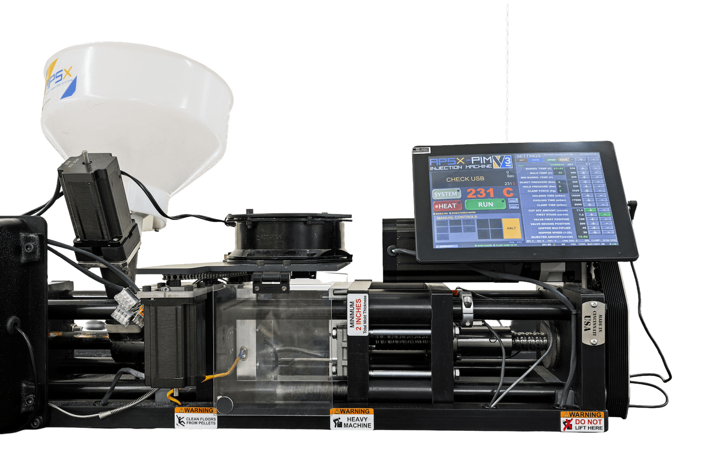Apex PIM V3 injection machine featuring a digital control panel displaying system temperature and operational settings, with a hopper for material input and various safety warnings, designed for precision in manufacturing processes.