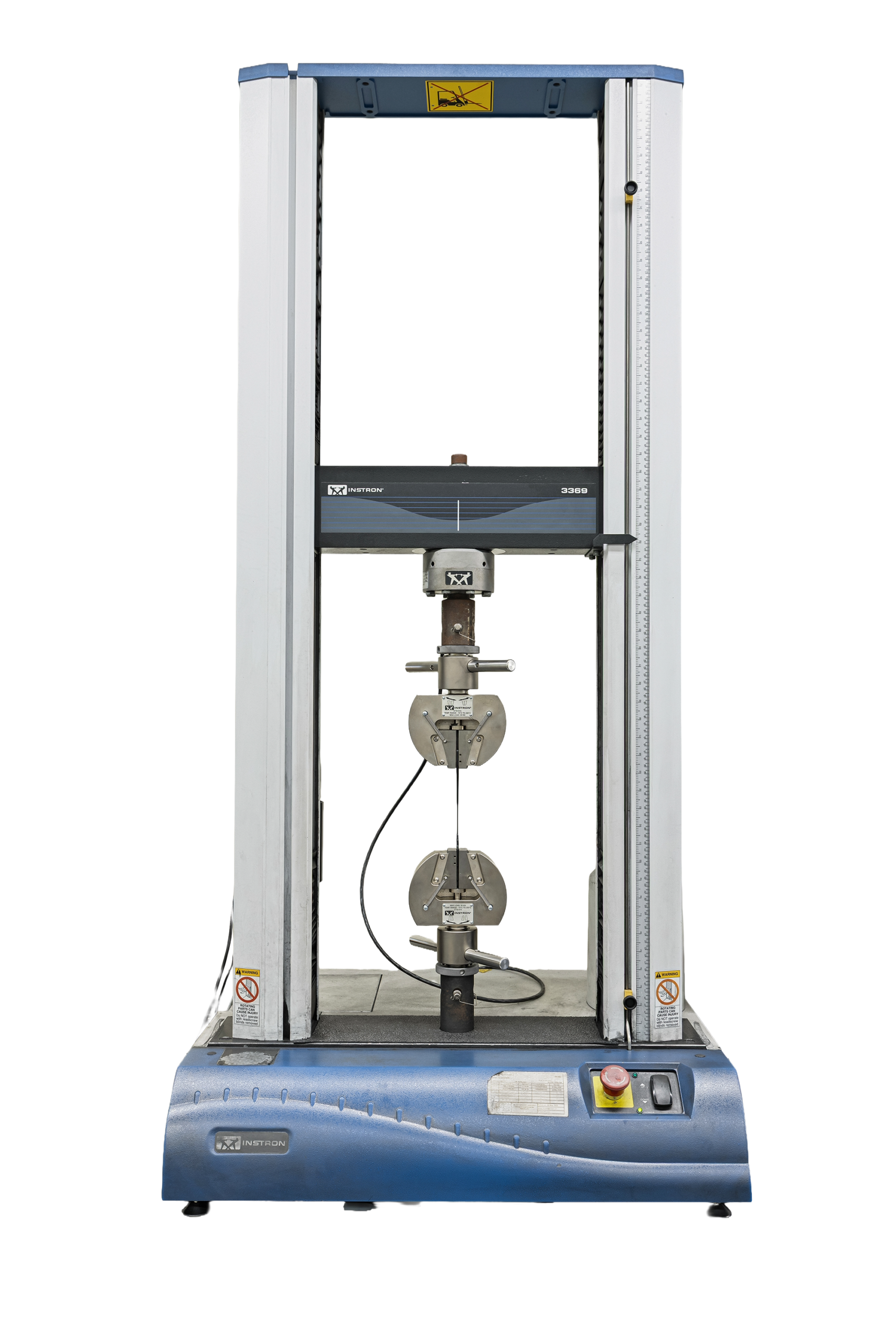 Universal testing machine used for material strength analysis, featuring a vertical frame, grips for specimen holding, and a digital control panel for precise measurements. Ideal for tensile, compression, and flexural testing in laboratories.