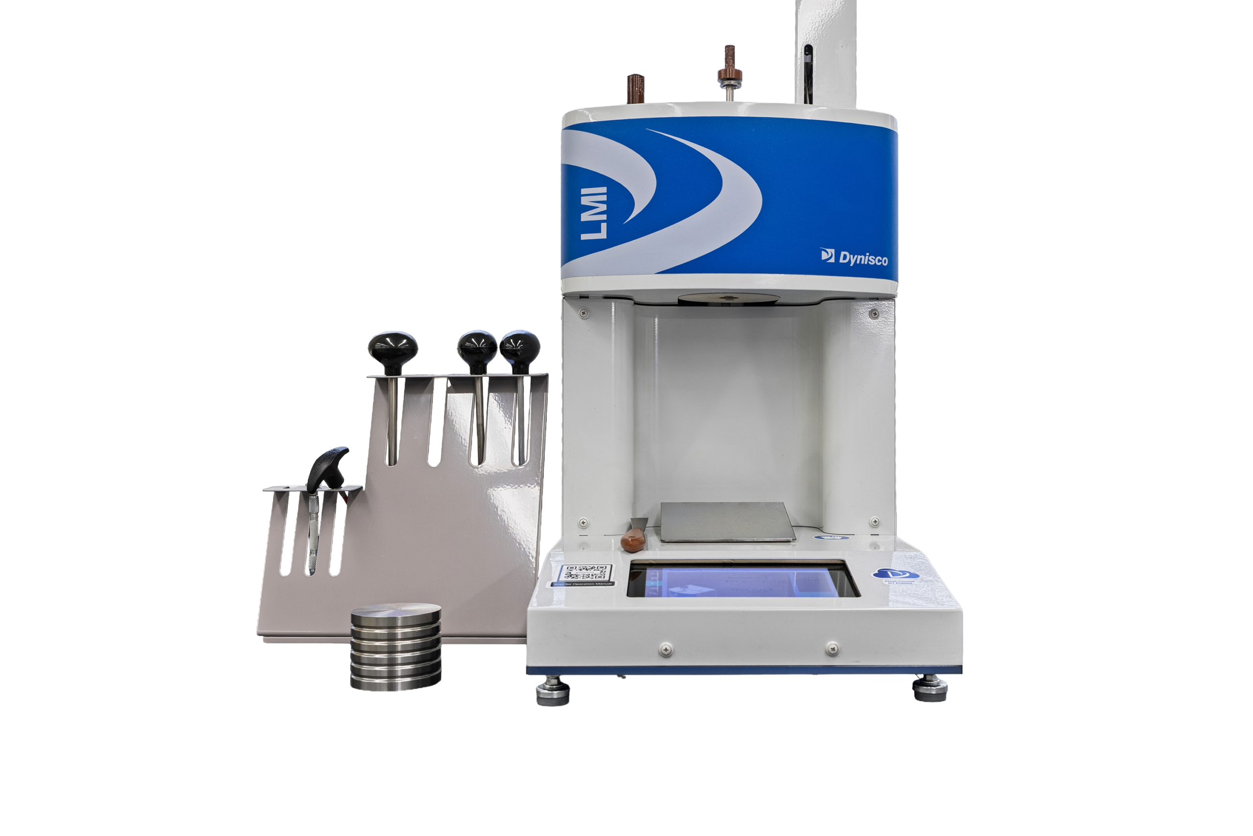 LMI laboratory testing equipment by Dynisco, featuring a touchscreen interface, precision measurement tools, and a set of calibration weights, designed for material testing and analysis in industrial applications.