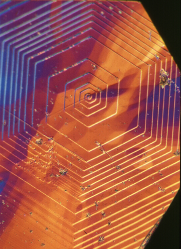 Close-up view of a hexagonal crystal structure displaying intricate patterns in vibrant orange and blue hues, highlighting the geometric features and surface details of the mineral.