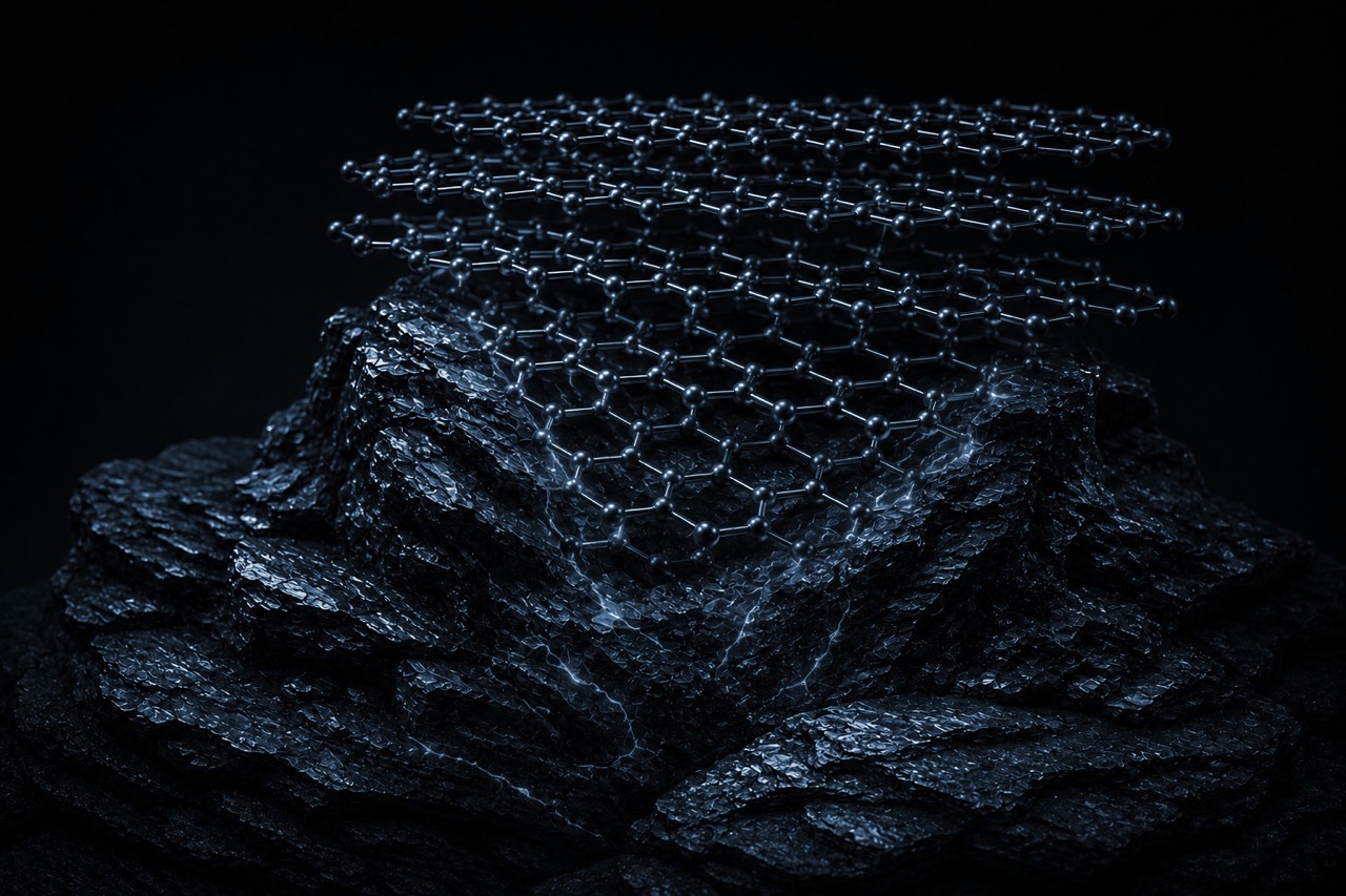 3D representation of a graphene structure layered over a dark, textured rock surface, highlighting the contrast between the molecular design and the natural material.