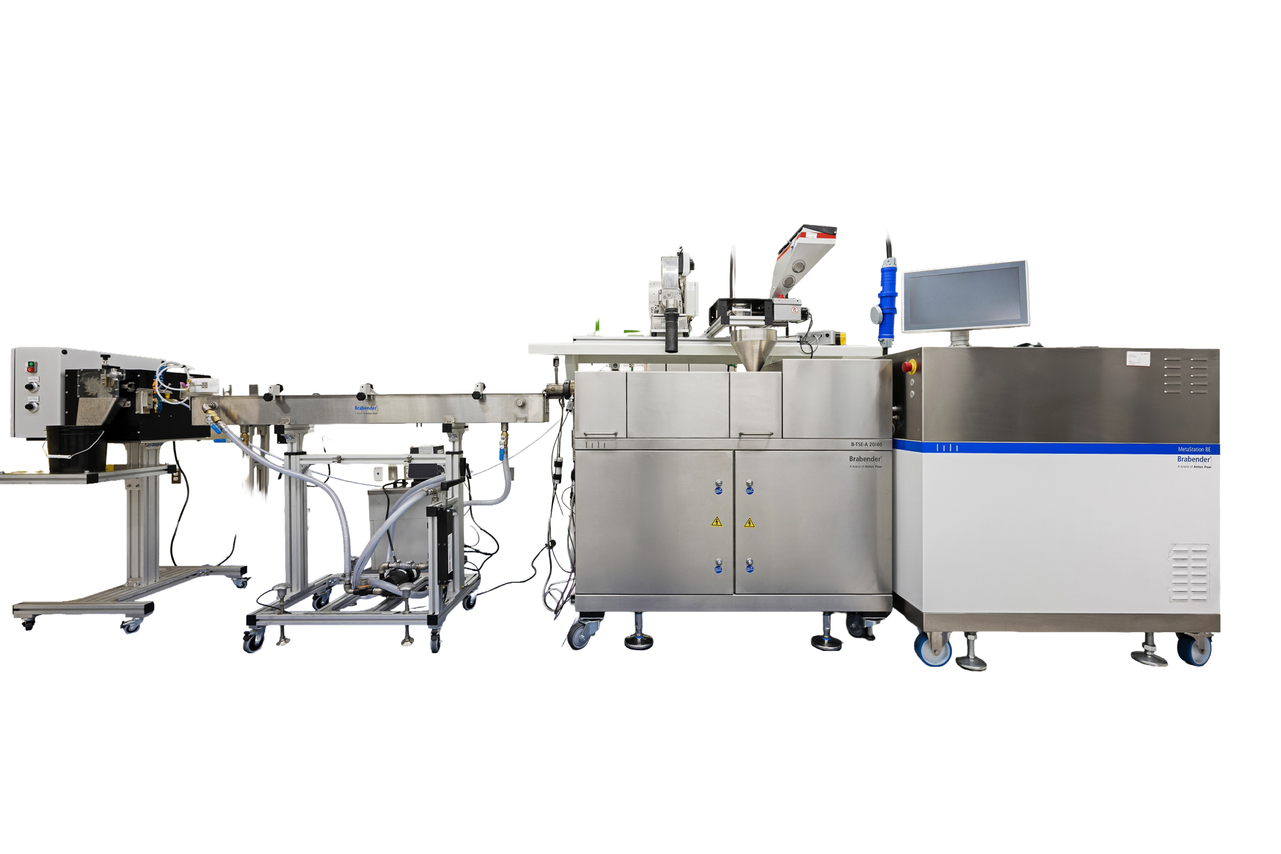 High-tech laboratory equipment featuring a Brabender machine for material testing, including a control panel, feeding system, and digital display, designed for precision in polymer processing and analysis.