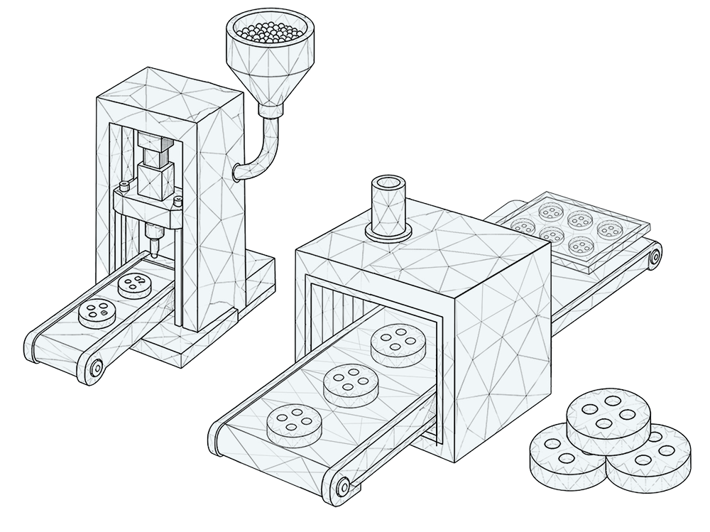 Outline illustration of a cookie-making machine featuring a conveyor belt, a hopper for ingredients, and freshly baked cookies on the production line, showcasing the industrial baking process.