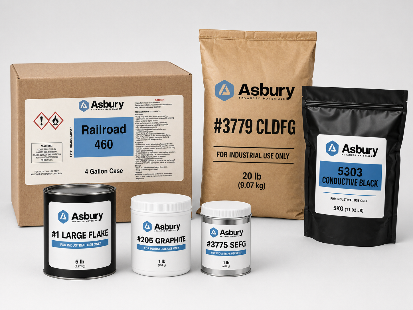 Industrial materials from Asbury, including Railroad 460 in a 4-gallon case, #1 Large Flake (5 lb), #205 Graphite (1 lb), #3775 SEFG (1 lb), #3779 CLDFG (20 lb), and 5303 Conductive Black (5 kg), displayed on a neutral background.