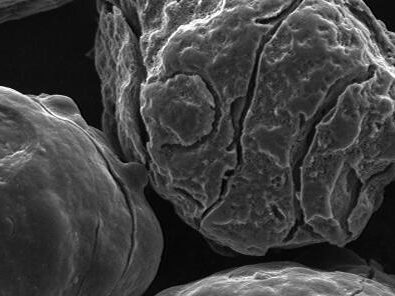 Scanning electron microscope image of spherical and irregularly shaped particles, showcasing surface textures and fine details at 252x magnification.
