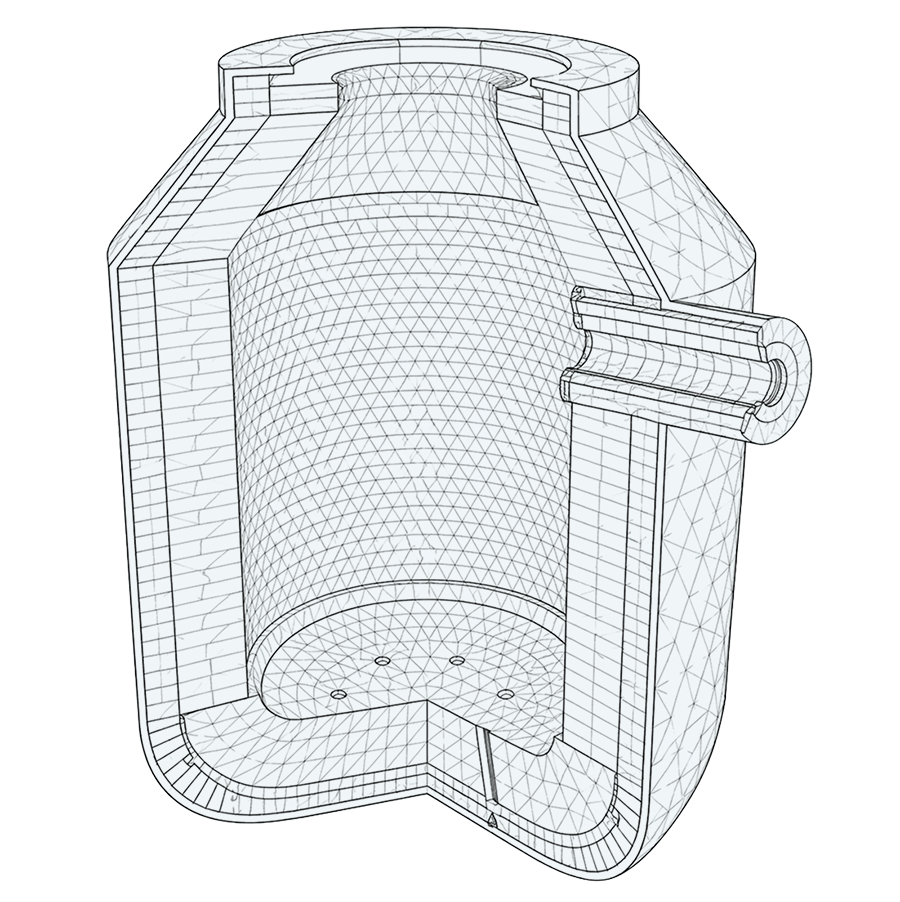 3D wireframe model of a cross-section of a container, showcasing the internal structure and design elements, ideal for engineering and product design analysis.