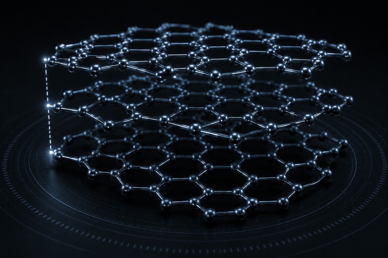 3D representation of a graphene structure composed of interconnected hexagonal carbon atom arrangements, showcasing its unique layered configuration against a dark background, highlighting its significance in nanotechnology and materials science.