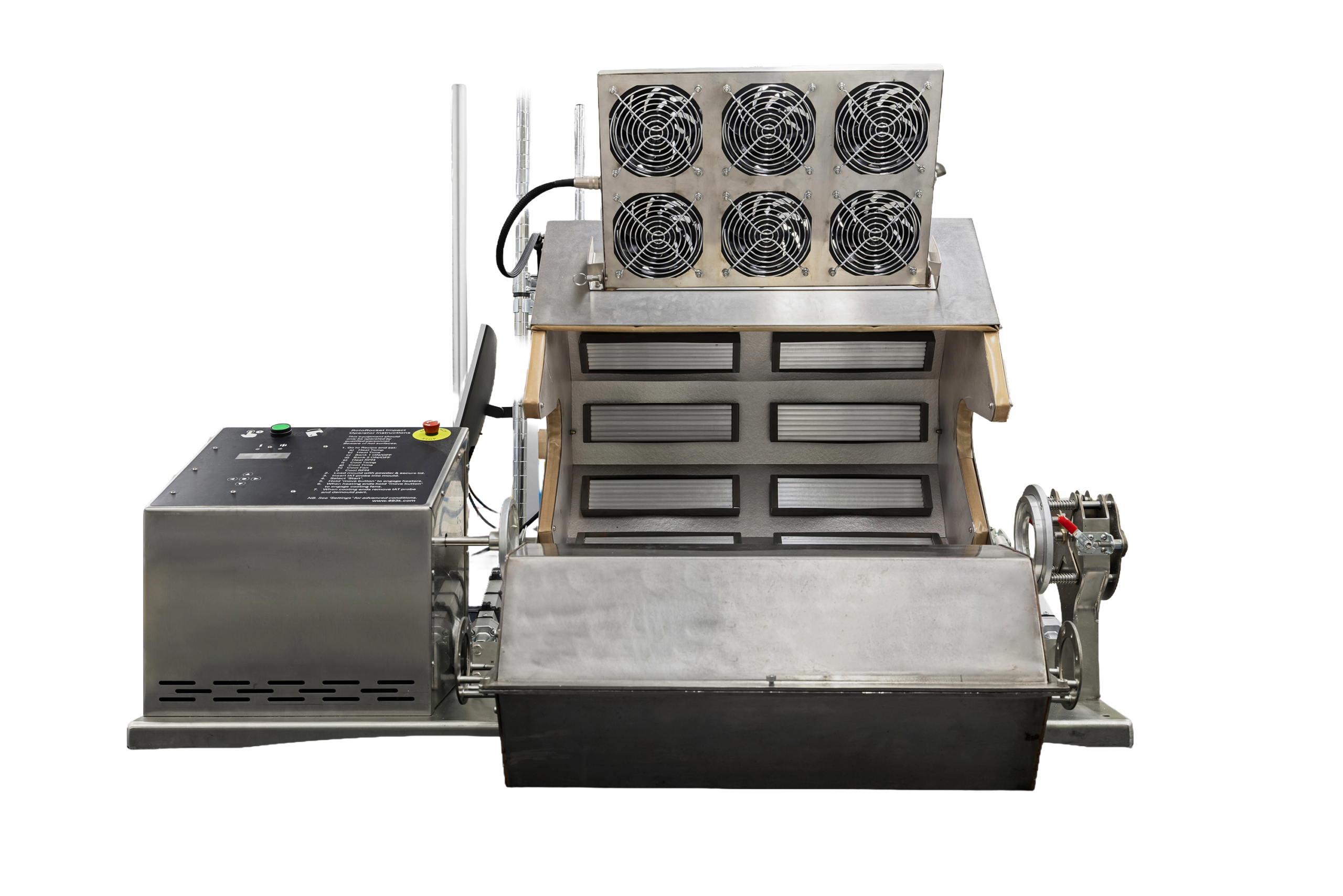 Industrial food processing machine with multiple cooling fans, control panel, and stainless steel construction, designed for efficient operation in commercial kitchens.