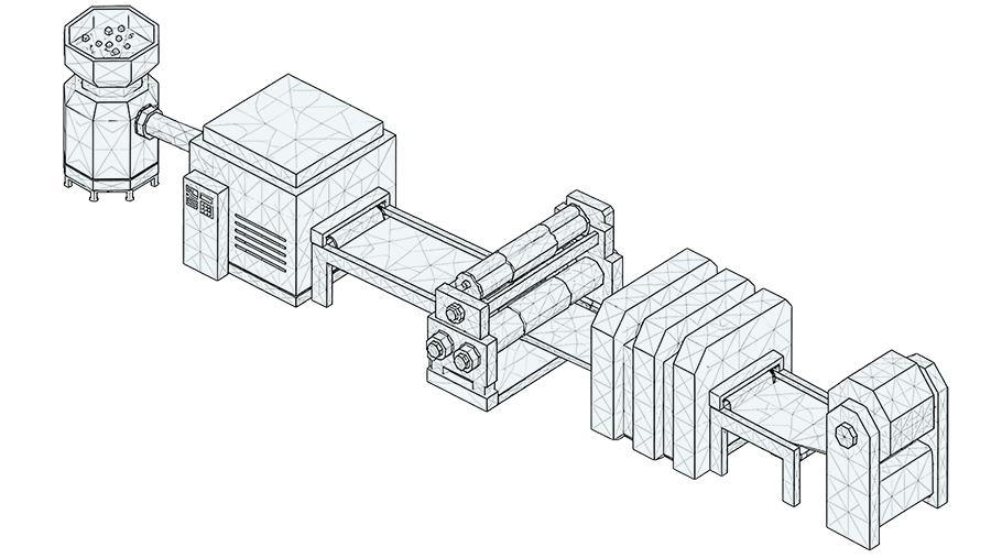 3D wireframe illustration of an industrial machine, featuring a hopper, conveyor system, and multiple rollers, designed for processing materials in manufacturing applications.