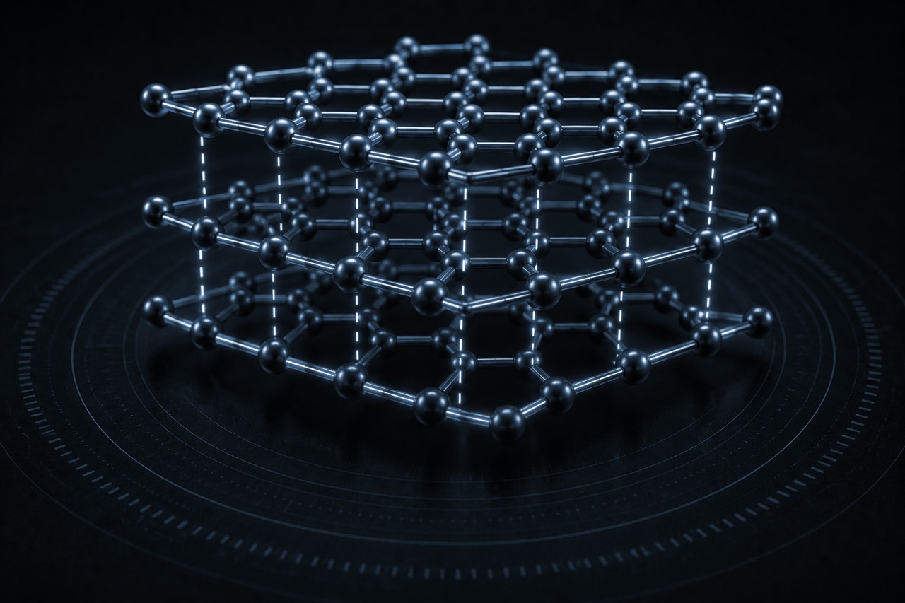 3D representation of a crystal lattice structure with interconnected spheres, illustrating atomic arrangements and bonding in materials science, set against a dark background.