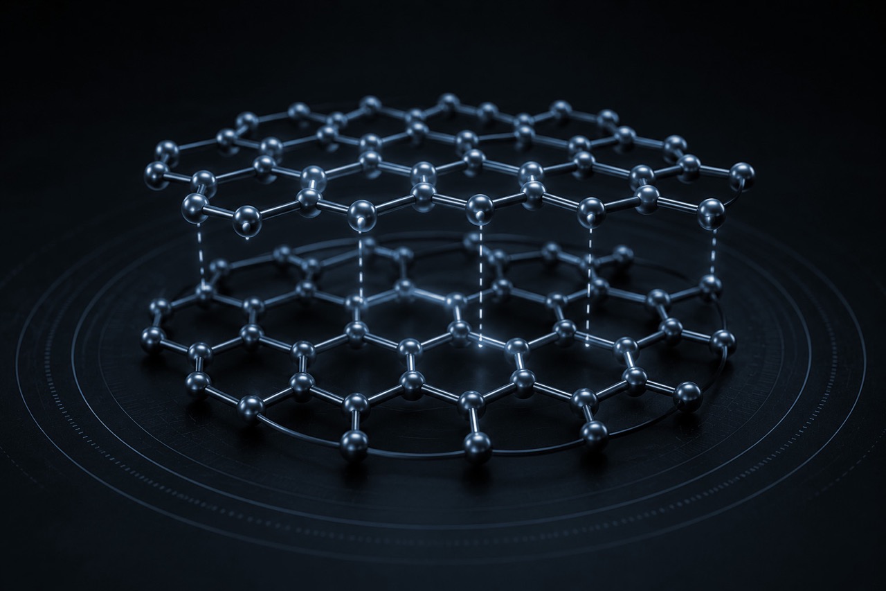 3D representation of a graphene structure with interconnected carbon atoms, showcasing its hexagonal lattice arrangement against a dark background, emphasizing its significance in nanotechnology and material science.