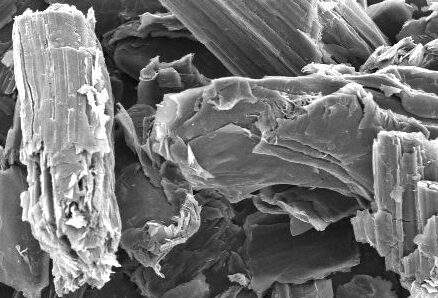Scanning electron microscope image showing a close-up view of layered mineral structures, with a scale bar indicating 100 micrometers. The image highlights the intricate textures and forms of the mineral particles.