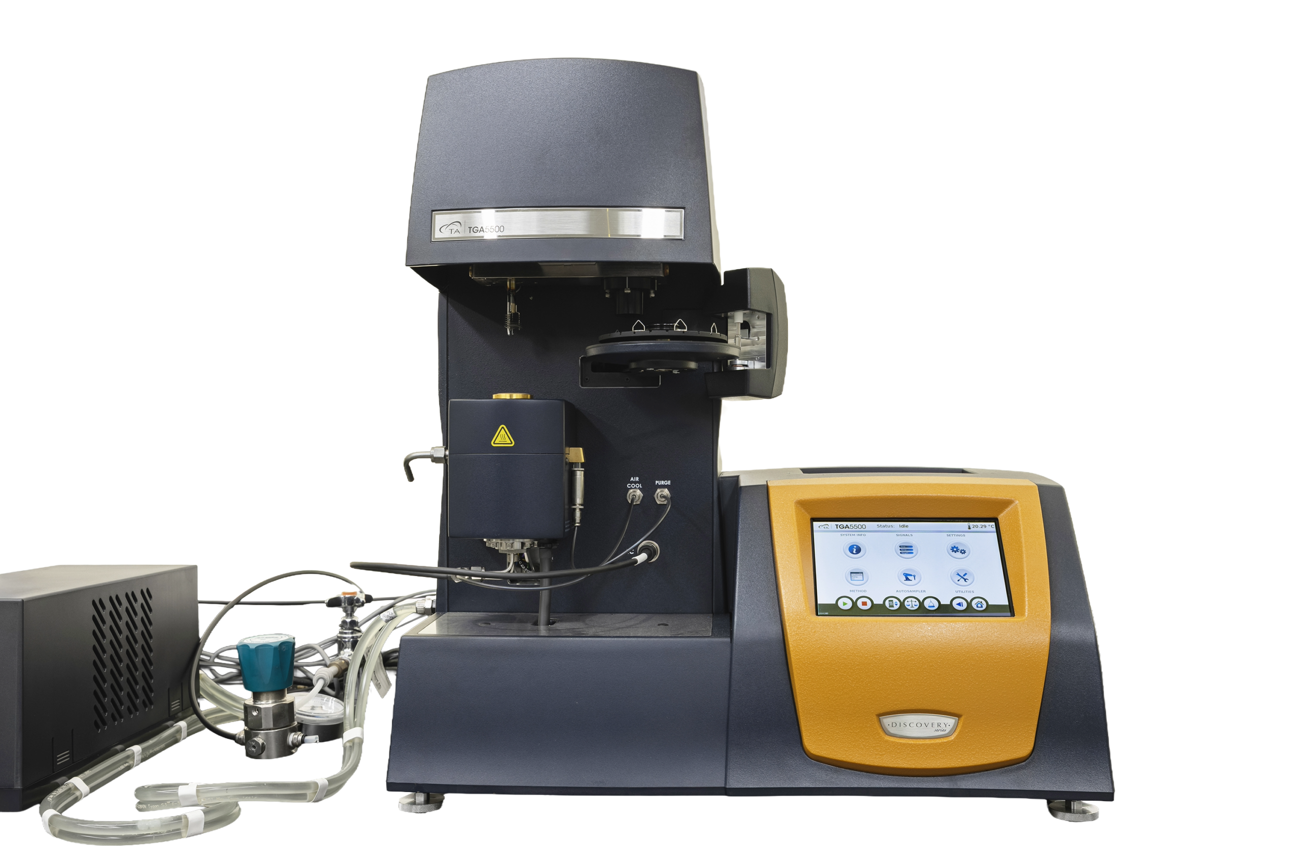 High-resolution image of a TA Instruments TGA 600 thermogravimetric analyzer, showcasing its advanced touchscreen interface, sample chamber, and connected tubing for precise thermal analysis. Ideal for material characterization in research and industrial applications.