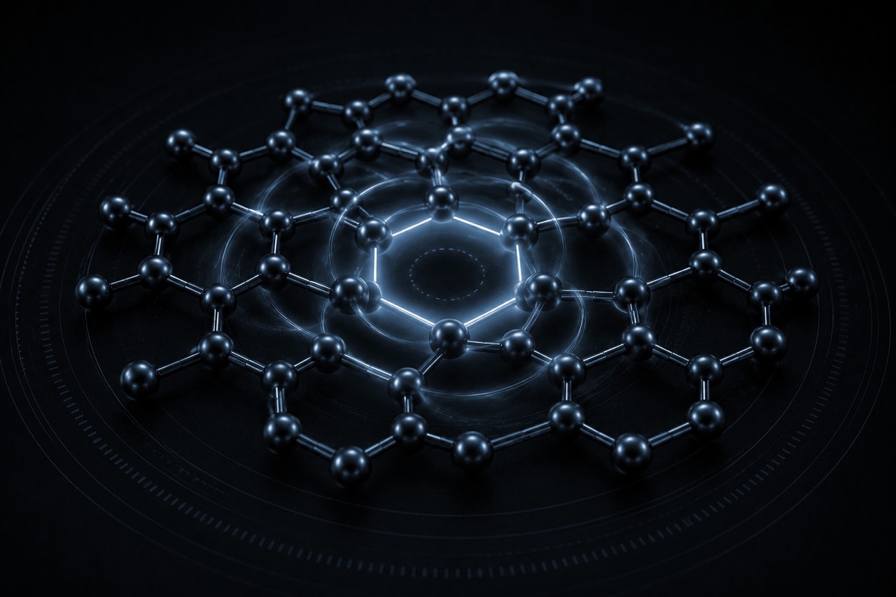 3D molecular structure of graphene displayed against a dark background, showcasing interconnected carbon atoms arranged in a hexagonal lattice pattern with a glowing central core, emphasizing the material's unique properties in nanotechnology and materials science.
