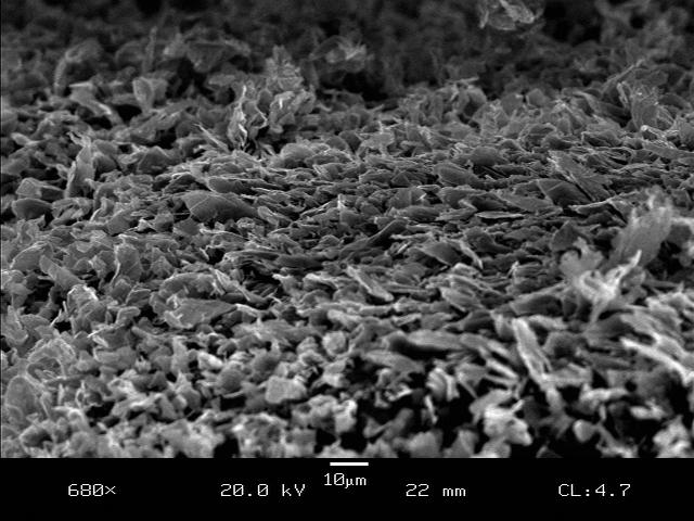 Scanning electron microscope image showing a textured surface at 680x magnification, revealing intricate layers and structures on a material sample. The scale bar indicates a size of 10 micrometers, highlighting the fine details of the surface morphology.
