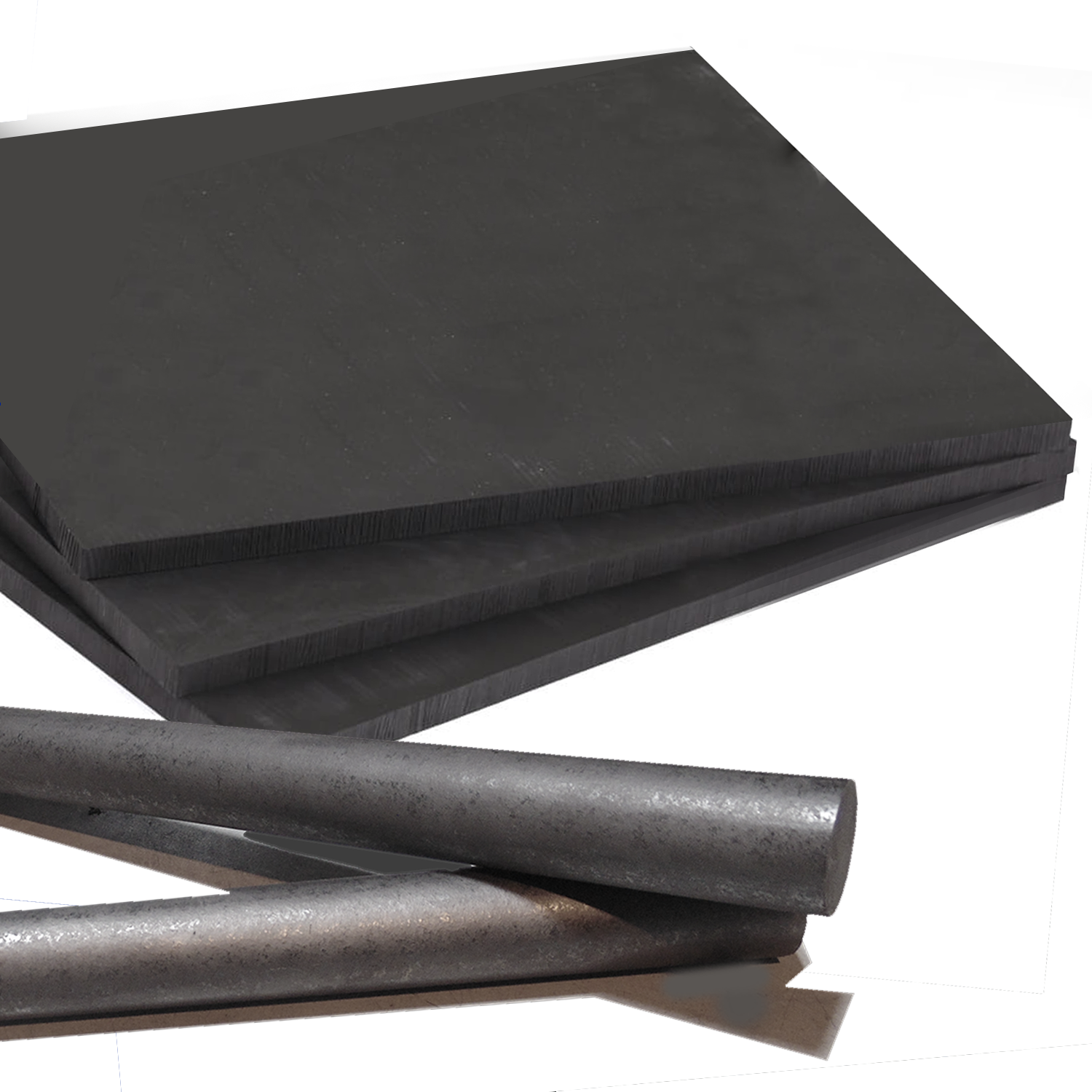 Black steel sheets and rods arranged together, showcasing various sizes and shapes for industrial and construction applications. Ideal for structural reinforcement and fabrication projects.