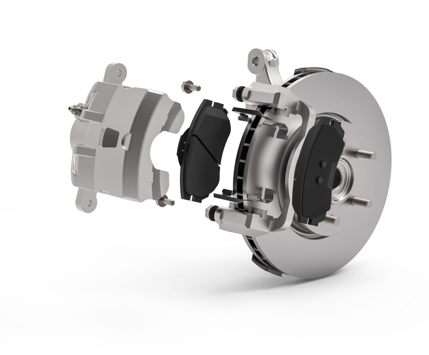 Exploded view of a car brake system showing the brake rotor, caliper, and brake pads, highlighting their components for automotive repair and maintenance.