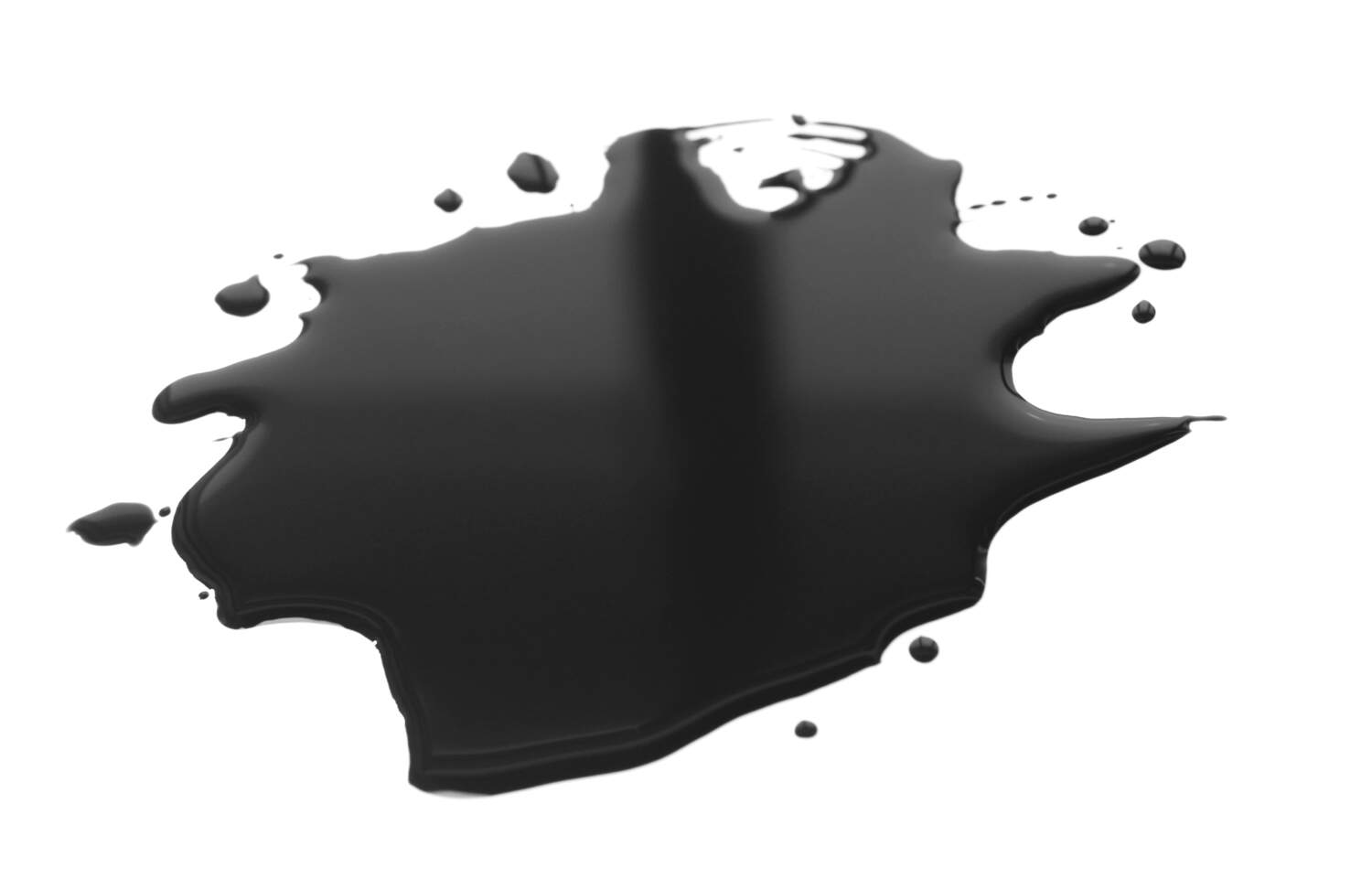 Black liquid paint spill on a white surface, showcasing a glossy texture and various droplets around the main pool. Ideal for art and design themes.