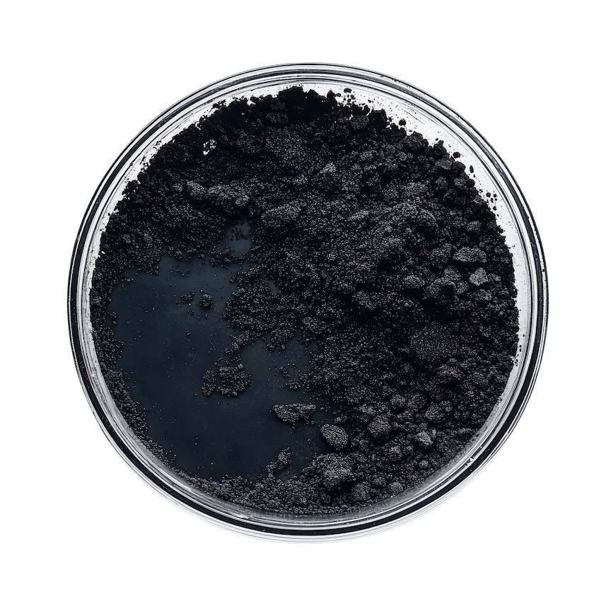 Black powdered substance in a clear glass jar, showcasing a fine texture against a dark background, ideal for various applications in art, cosmetics, or crafts.