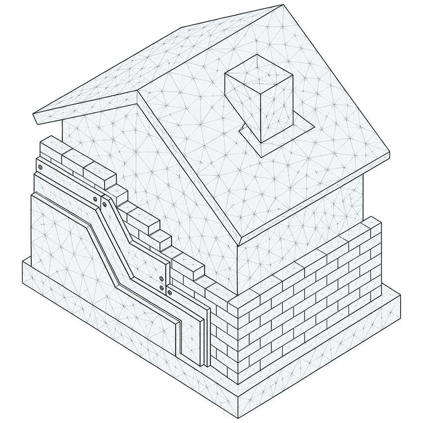 3D wireframe illustration of a house showing detailed architectural features, including a sloped roof, chimney, and brick wall structure, ideal for architectural design and modeling discussions.
