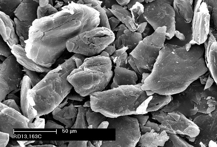 Scanning electron microscope image of mineral fragments showing various shapes and sizes, with a scale bar indicating 50 micrometers.